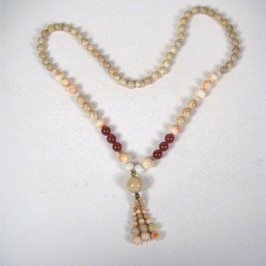Agate Stone Beaded Necklace 33 inch Tassel Strand Jewelry Goldtone Statement